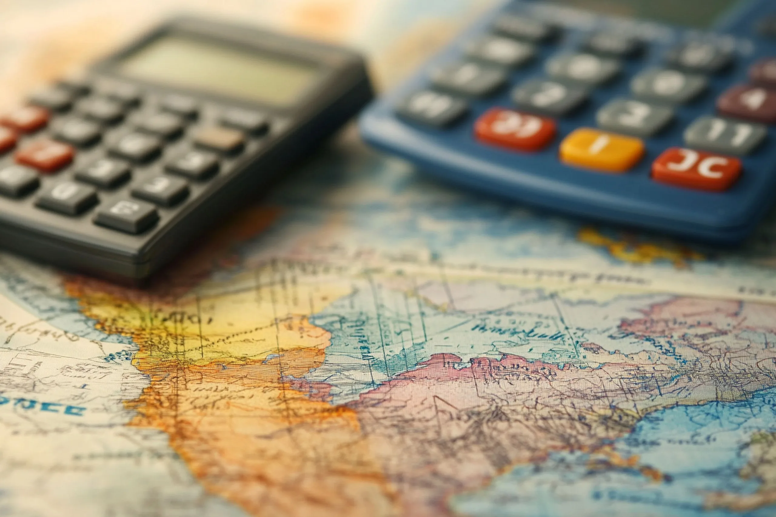 an image of global map and calculators